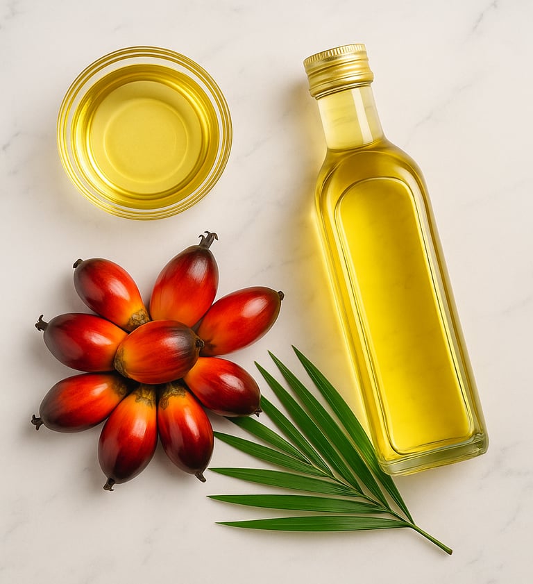 a bottle of oil and palm oil next to a palm leaf