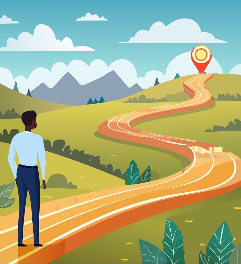 Person standing on a winding road leading through hills toward a destination marker under a blue sky