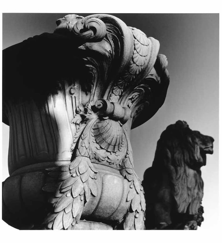 Sculpture of a Lion in Paris, France. Silver-gelatine analogue photography.