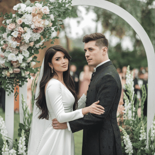 a bride and groom standing in front of a wedding ceremony
