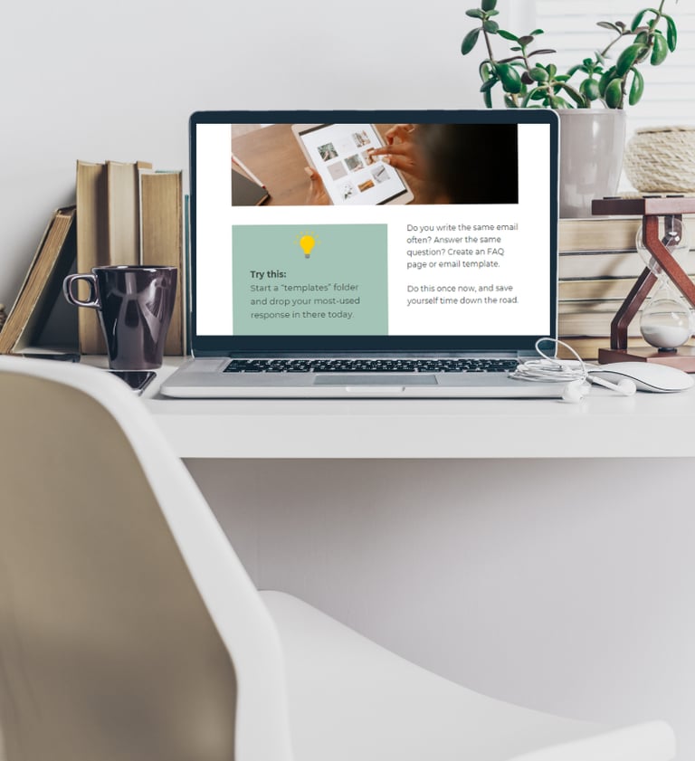 a laptop on a desk with a plant in the background and virtual assistant freebie on the screen