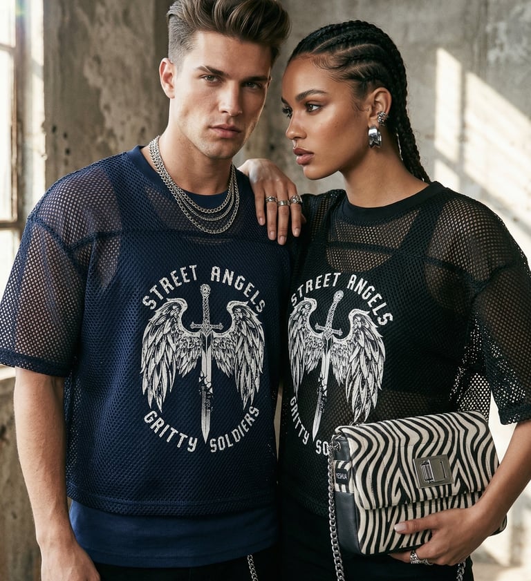 Models in urban streetwear wearing mesh graphic t-shirts and silver jewelry.