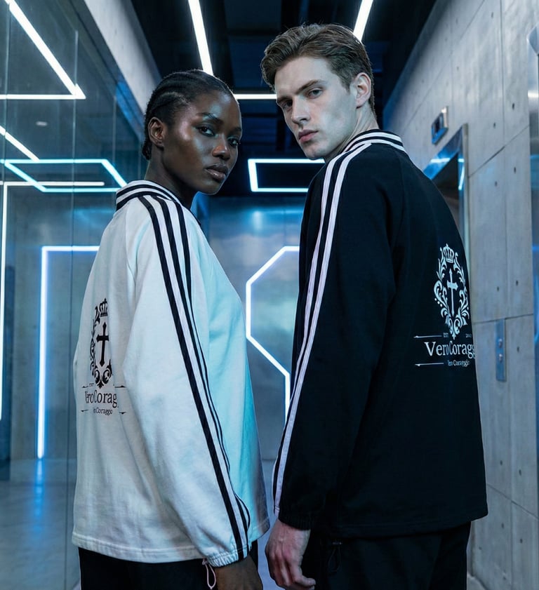 Fashion models wearing branded streetwear jackets with stripes in a futuristic neon-lit hallway.