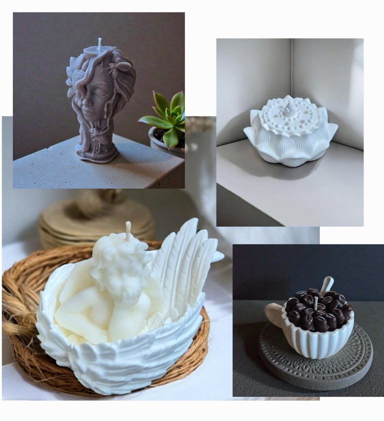 Rankų darbo sojų vaško žvakės ir dekoratyviniai gipso indeliai.