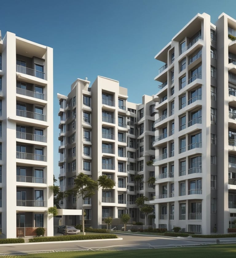 A modern residential building surrounded by greenery.