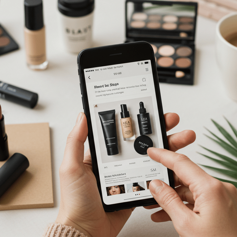 a woman is holding a phone shopping online.