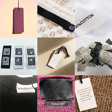Website banner displaying a collection of woven labels and hang tags in different styles, colors, an