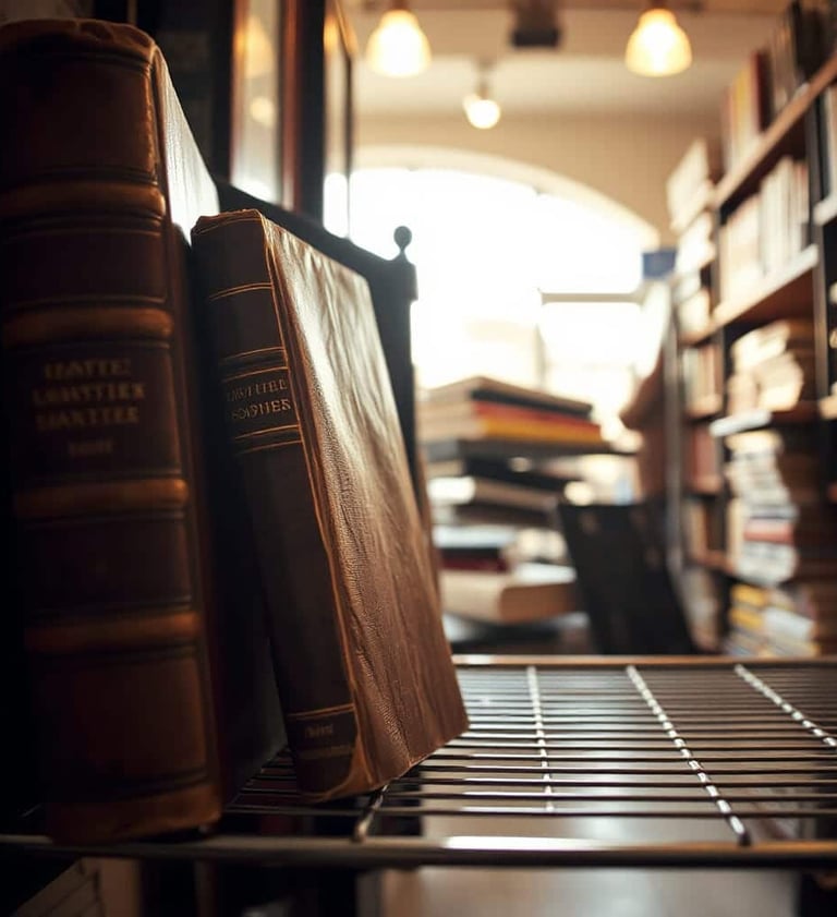 books on a shelf in a library with other books in blurry background.