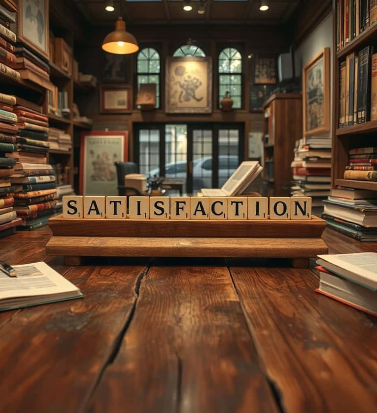 scabble pieces with the word's satisfaction spelled out.