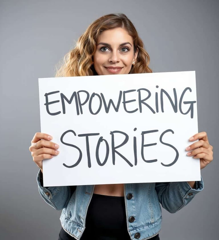 a person holding a sign that says empowering stories