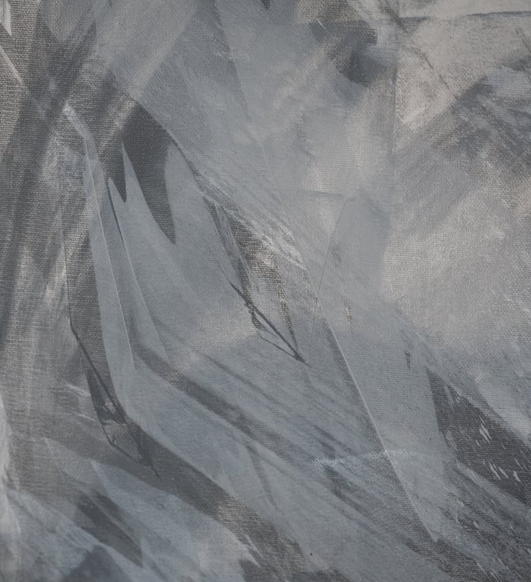 Abstract gray and white acrylic painting on textured canvas with expressive brushstrokes.
