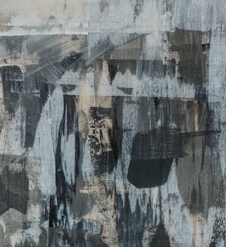 Abstract expressionist painting featuring textured black, white, and grey brushstrokes on canvas.