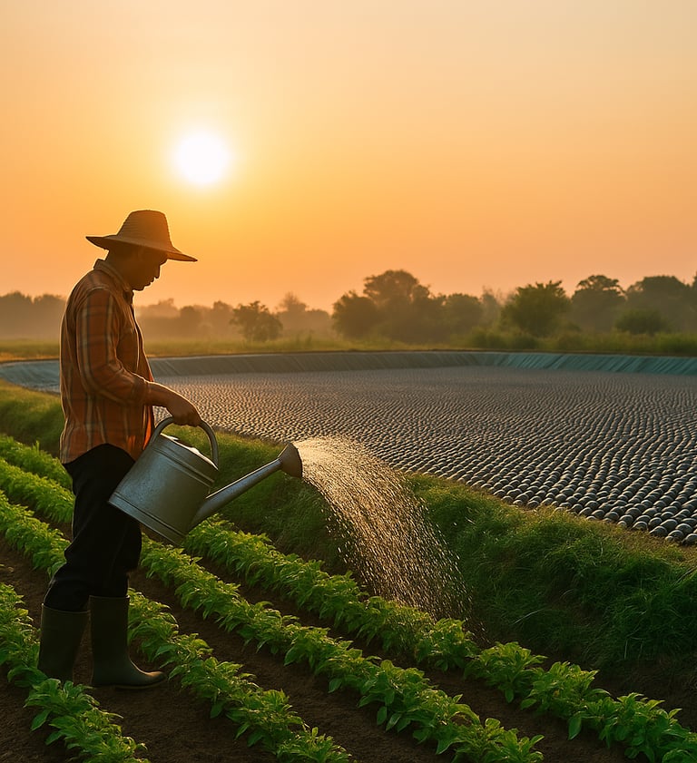 Un agriculteur en train d’arroser un champ à côté de son bassin d’eau protégé par les shade balls 