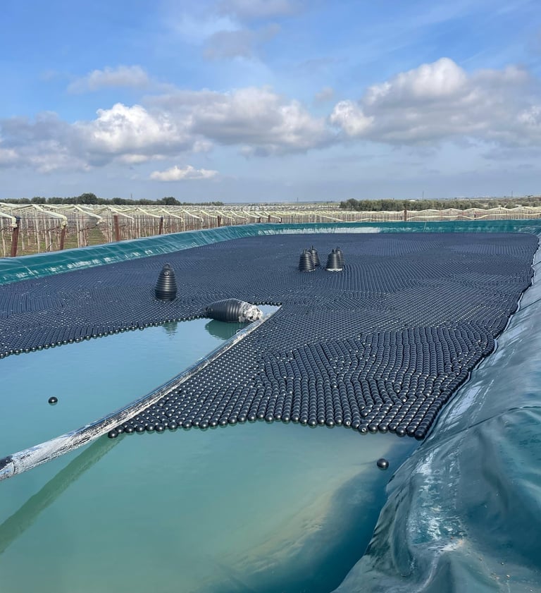 Bassin industriel partiellement couvert par des Shade Balls noirs pour réduire l'évaporation, amélio