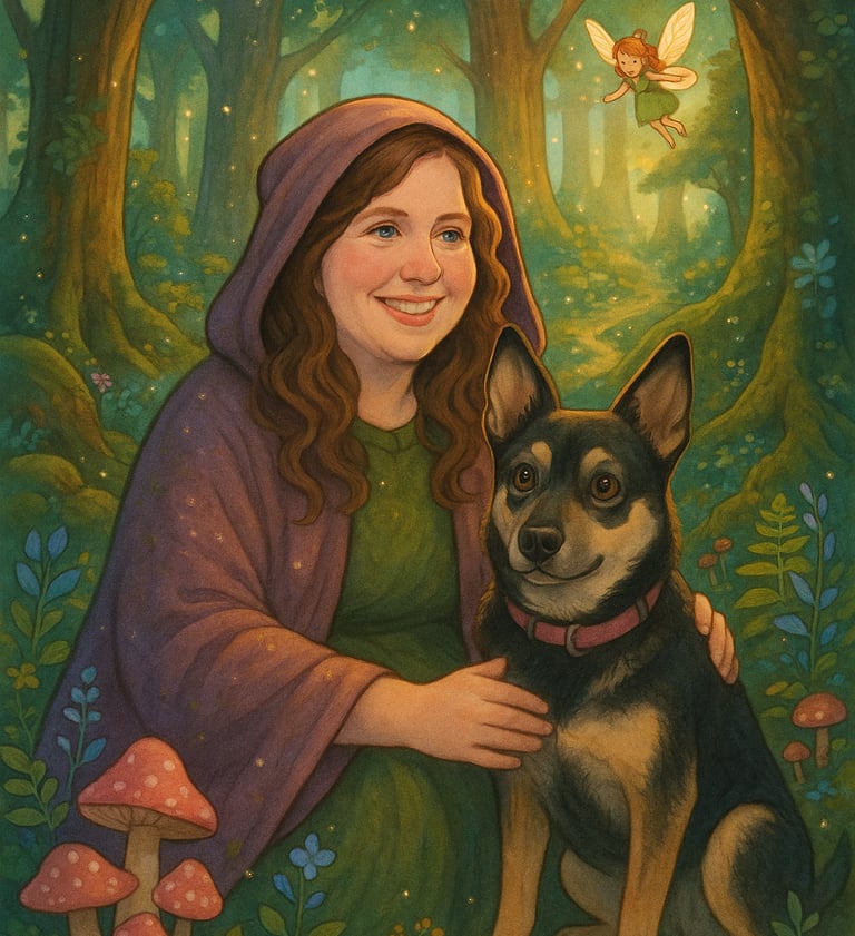 Whimsical illustration of woman with corgi dog in magical fairy forest with mushrooms and mystical w