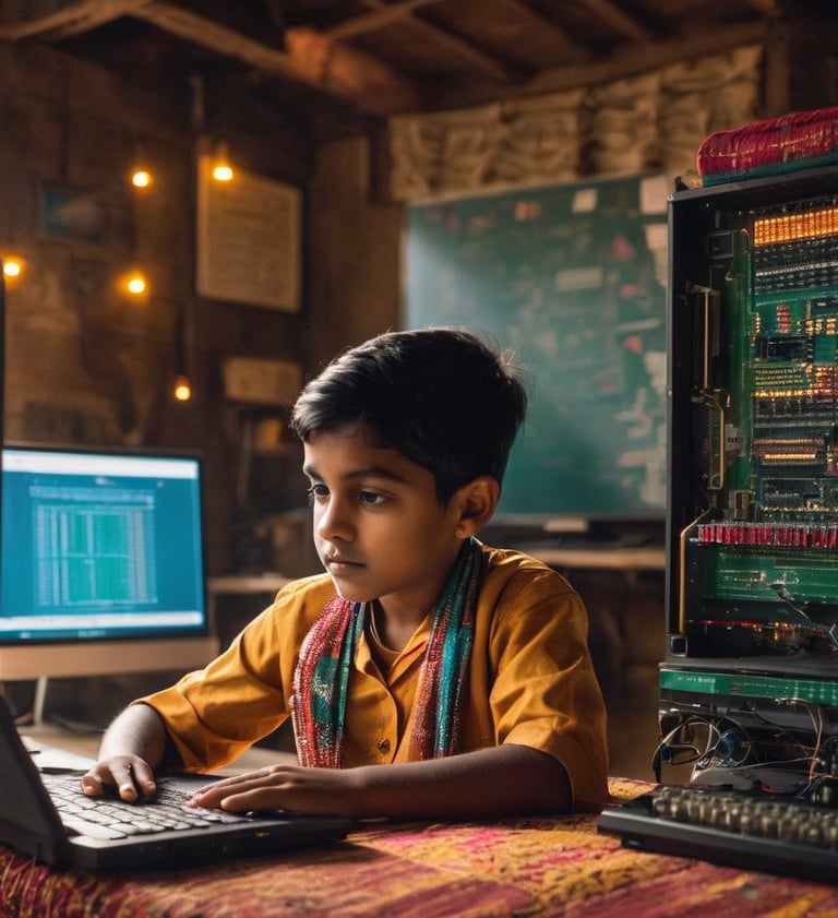 indian child in front of laptop coding