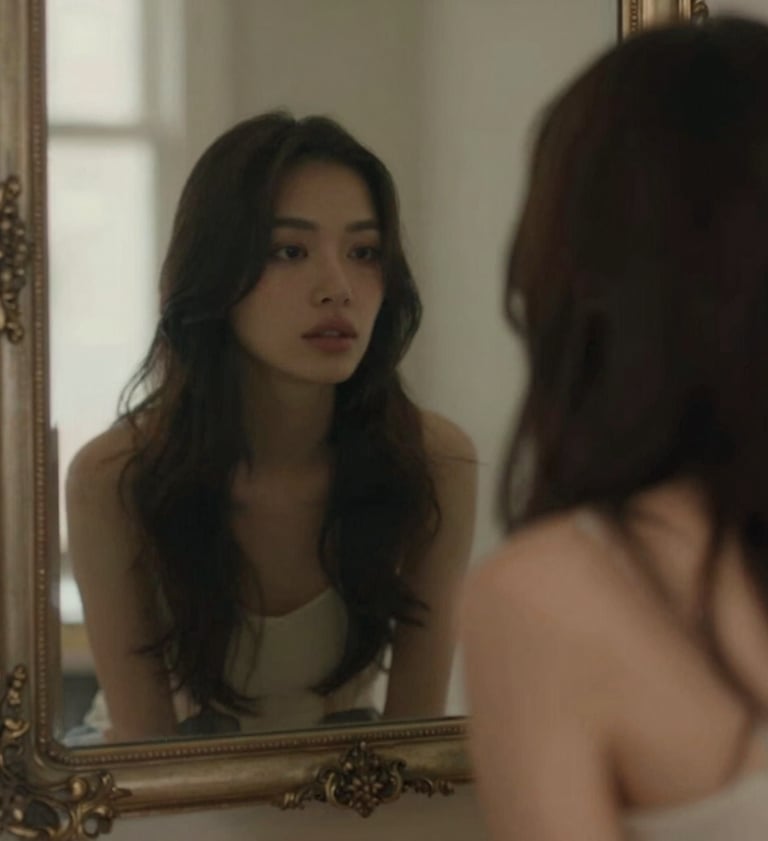 A grainy, film-style photograph showing a blurred reflection of a woman with long hair in a vintage mirror. The lighting is soft and natural, coming from a side window. The colors are muted charcoal #3E352B and warm cream #F8F3EC. The mood is introspective and quiet.