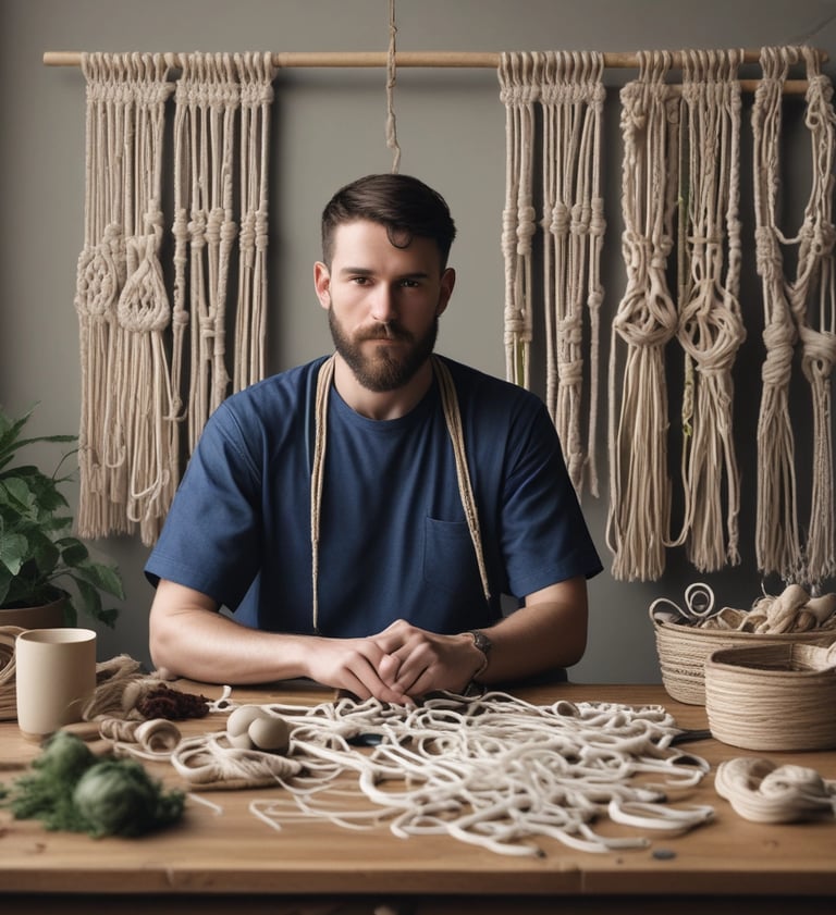 Artesano barbado creando macramé hecho a mano en una mesa de madera.