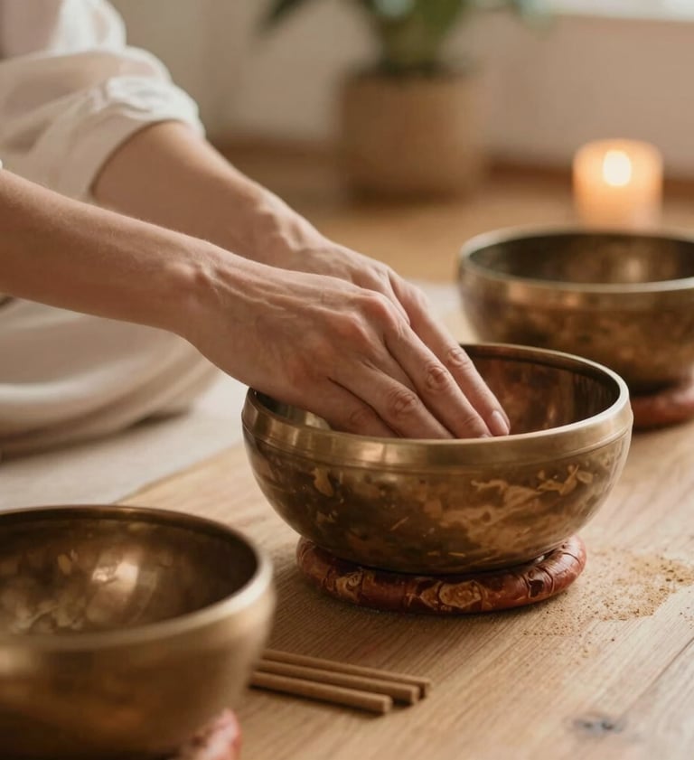 Close-up of holistic therapist hands placing singing bowl and natural incense on a wooden table, warm earthy sand textures, soft focus, calming nature-infused decor in Porto, Portugal / Western European.