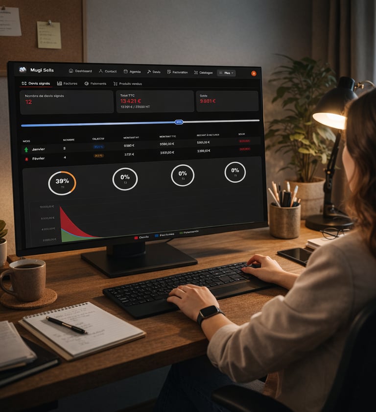 On voir une femme qui travail sur l'outil mugi sells