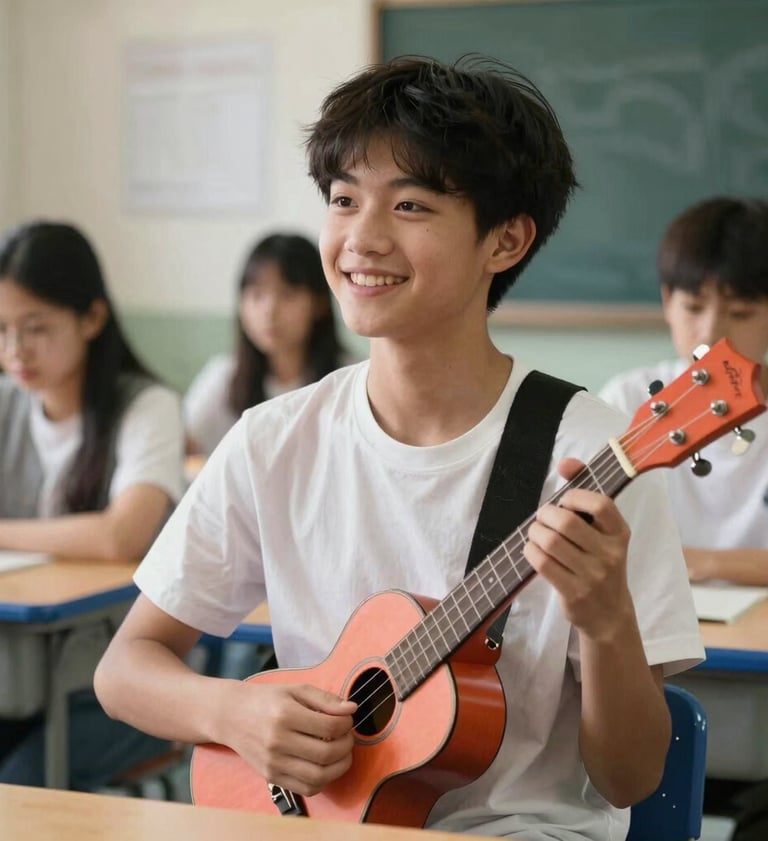 A candid photograph of a happy student in a International / English-speaking music classroom, holding a Vibrant Coral ukulele and smiling. High-key lighting, professional and warm atmosphere.