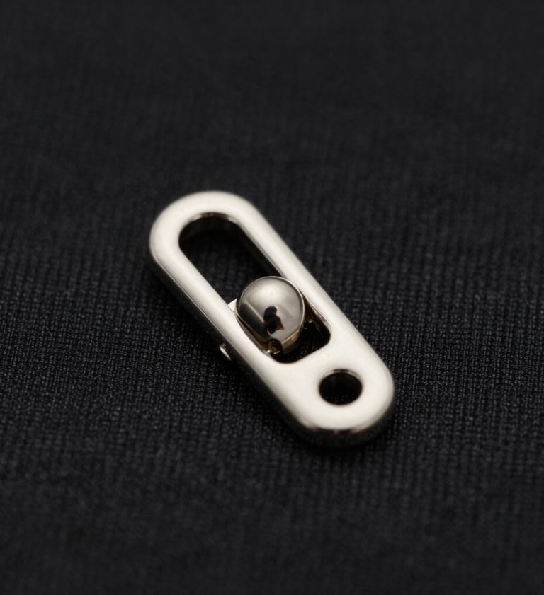 Artistic macro shot of a minimalist silver garment fastening on a textured black fabric, sharp focus, sophisticated lighting, #0F0F0F and #D0D0D0 palette.