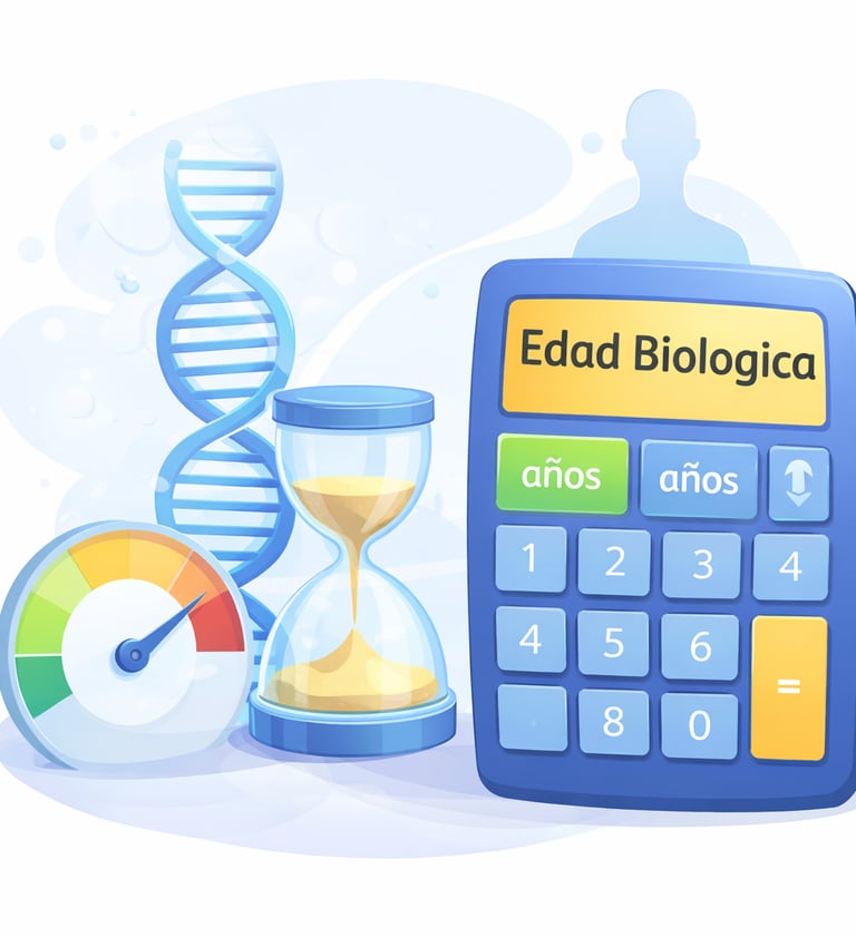 Calculadora de edad biológica con ADN, reloj de arena y medidor de salud