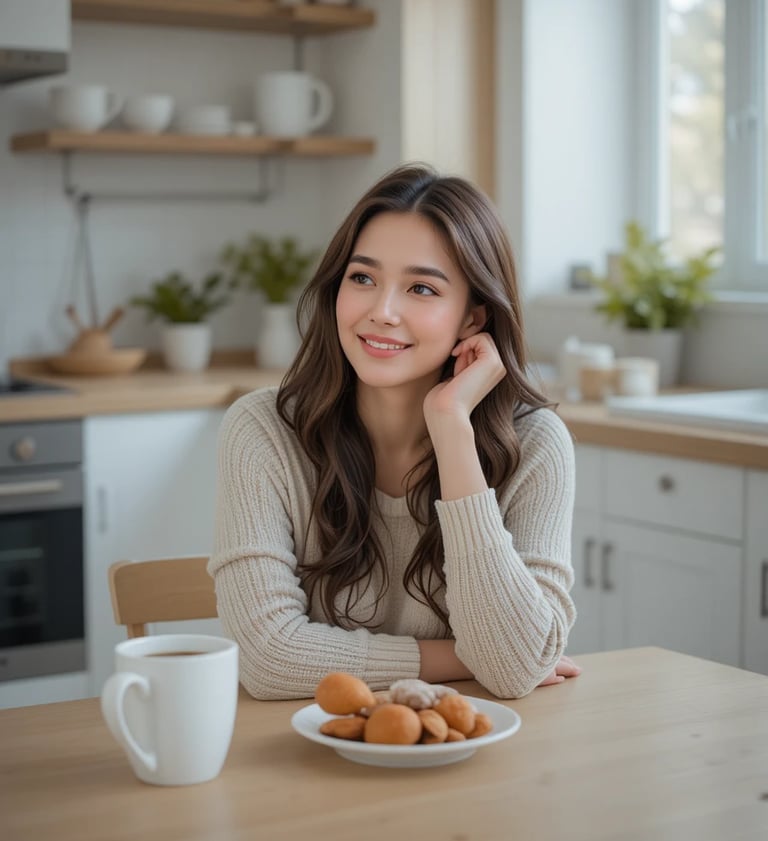 Mujer reflexionando frente a un desayuno saludable