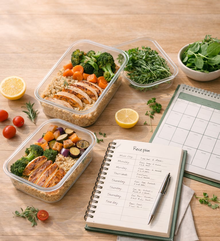 planificación de comidas saludables con recipientes de meal prep que incluyen pollo a la parrilla, q