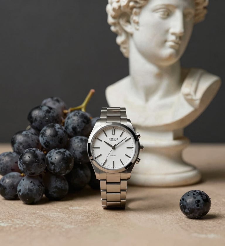Artistic still life composition featuring classical elements like grapes and a marble bust, juxtaposed with a modern designer watch. Lighting is hard and direct, highlighting textures. Palette includes charcoal #363131 and sand #D5BFB3.