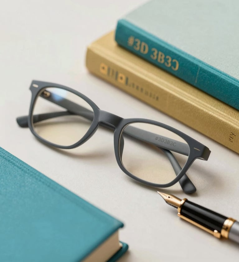 A flat-lay photograph showing professional librarian tools: a #3D3B3C dark gray pair of glasses, a vintage fountain pen, and three vibrant book spines in teal, gold, and off-white. The lighting is soft and artistic.