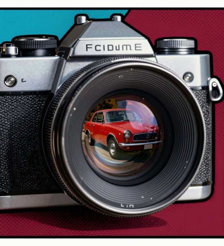 Pop Art graphic illustration in the style of Jean-Luc Godard's movie posters. A close-up of a vintage camera lens reflecting a red car. Thick black comic book outlines, halftone dot patterns on the shadows, flat color blocks of #0050B3 and #D4202B. Film grain texture throughout.