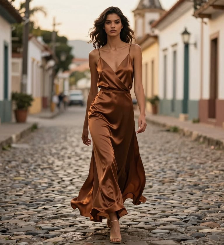 An elegant, cinematic photograph of a Brazilian / South American model walking down an old cobbled street in a historic town. She wears a flowy, sophisticated warm brown silk dress from the legacy collection. Soft golden hour light, high fashion magazine editorial style.
