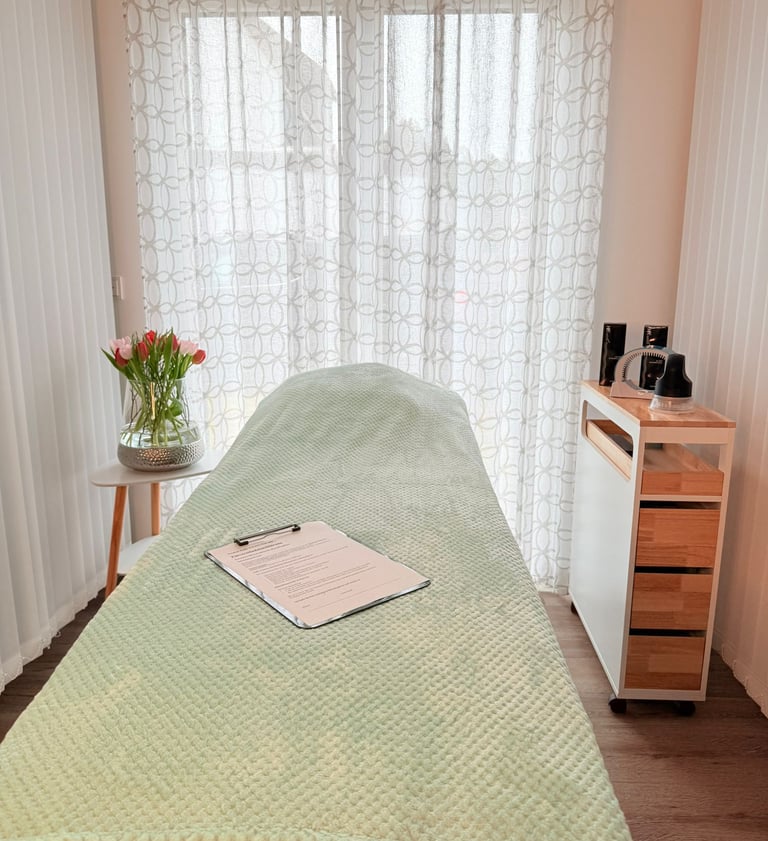 eine Behandlungsliege mit den Haarwachstums Produkten