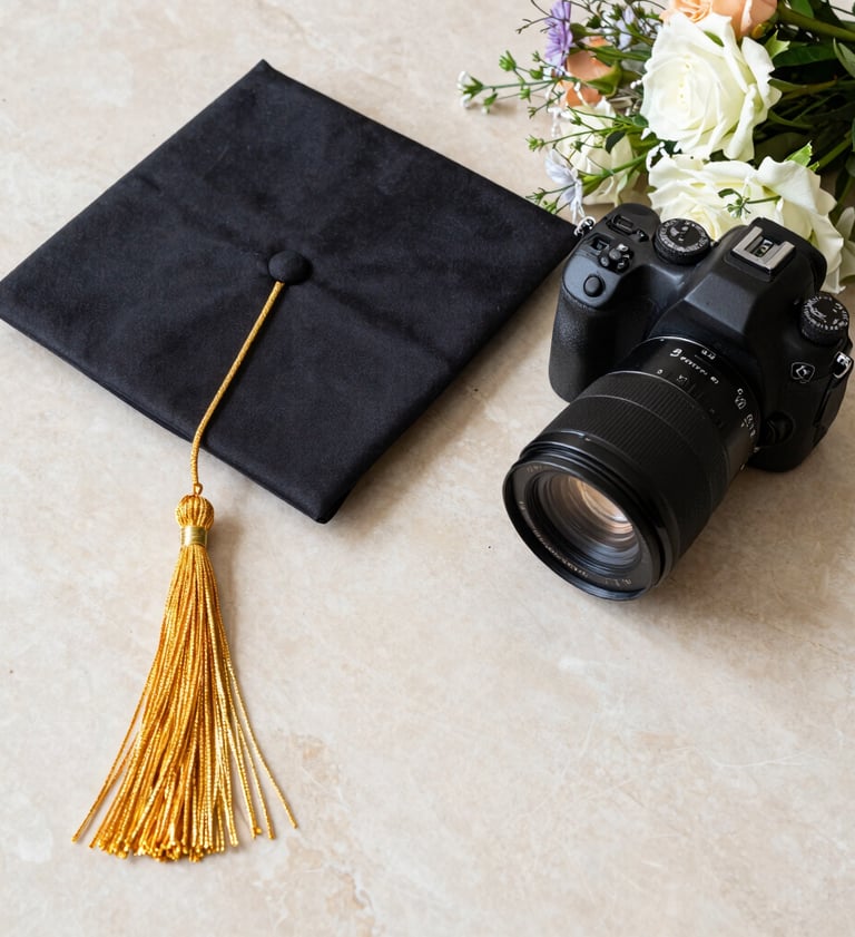 A creative flat lay photography of a graduation mortarboard with a luxurious golden tassel next to a professional DSLR camera and a bouquet of fresh flowers, set on a Light Beige marble surface.