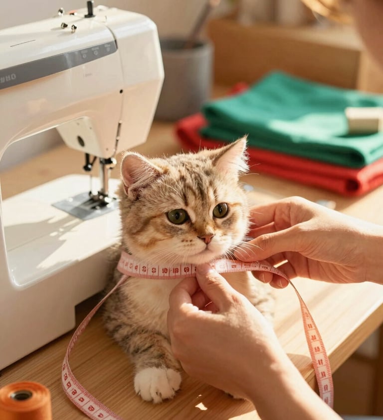 Un lindo gatito atigrado al que le toman las medidas con una cinta métrica rosa, junto a una máquina