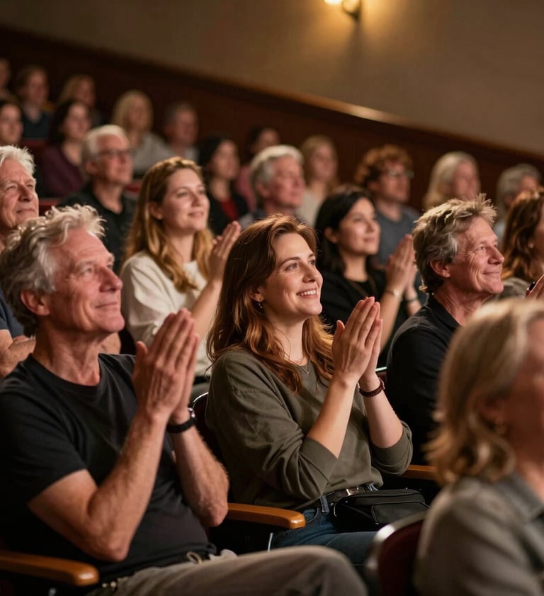 A soft-focus shot of an appreciative audience in a small North American / US theater, warm golden light spilling over the crowd, capturing a moment of quiet connection.