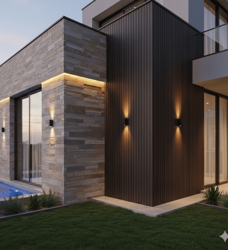 Modern luxury villa exterior with stone cladding, dark wood siding, and outdoor landscape lighting.