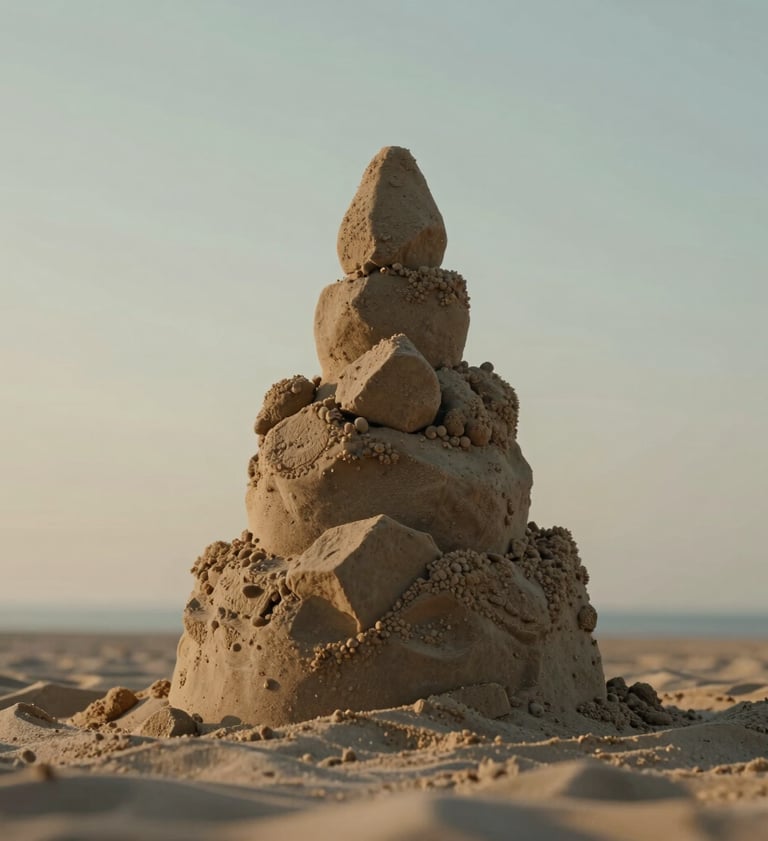 A vertical composition of a tall, tapering sand tower standing against a soft sand colored sky. The lighting is soft and contemplative, suggesting a quiet beach afternoon. The sand art appears almost like carved stone under the cinematic, warm light.