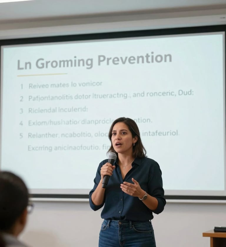 A high-quality action photograph of a Mexican female academic speaking passionately during an online grooming prevention seminar, using a clean projector showing safety guidelines on a pristine white wall.