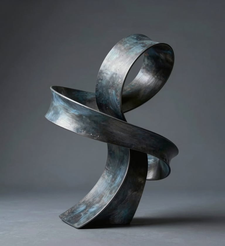 An abstract 3D sculpture composed of flowing metallic ribbons. The palette is a mix of muted slate blue-grey and dark charcoal grey, illuminated by a single soft light source in a studio setting.