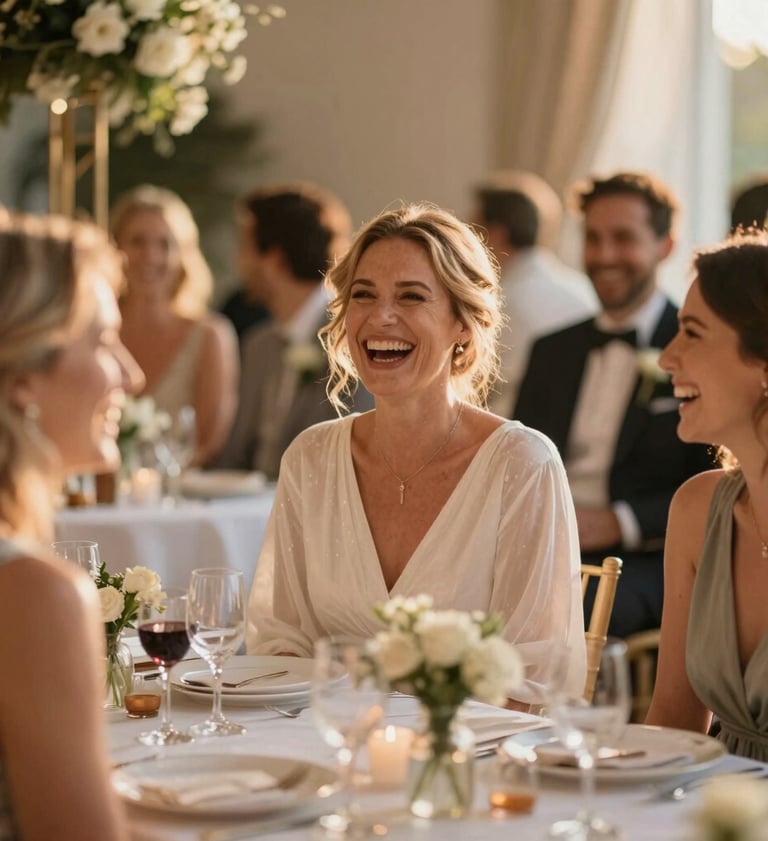 A sophisticated candid shot of wedding guests laughing during a reception, warm golden hour lighting, soft focus on the background showing #F5F2F0 linens and #6A5F60 decor, elegant and joyful atmosphere.