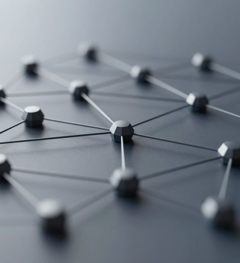 A sophisticated, abstract 3D render of a data network mesh, using muted tones of #4A6D7C and #1A2C38, symbolizing complex governance systems and technological connectivity. High-end professional lighting with soft shadows.