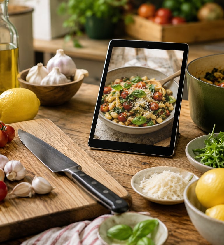 Digital tablet showing a healthy recipe on a kitchen counter with fresh vegetables and cooking ingredients.