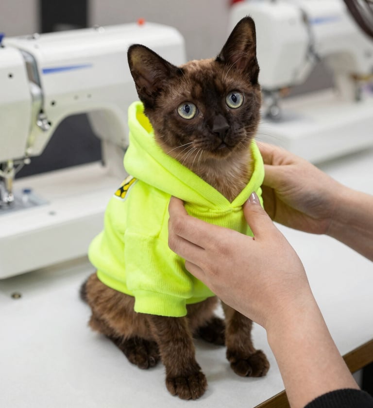 Un gatito color chocolate con una sudadera de color llamativo con una persona colocandole la sudadera