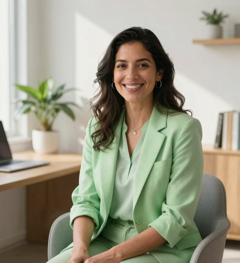 A portrait of a friendly and smiling South American psychologist in their 30s, sitting in a bright, modern, sunlit office in Santiago, Chile. The background features light-toned wooden furniture and a houseplant. Soft natural lighting, professional yet warm and accessible vibe, showcasing minimalist healthtech design. Colors include touches of vibrant apple green and soft pale pastel green.
