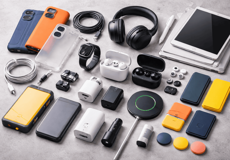 Vista superior de accesorios móviles, incluidos audífonos, baterías portátiles, cargadores y tableta