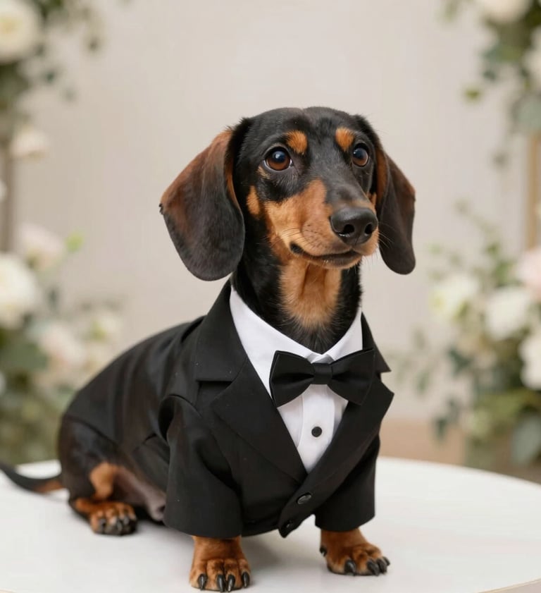 An adorable dachshund dog wearing a formal black tuxedo and bow tie sitting in front of white flowers.