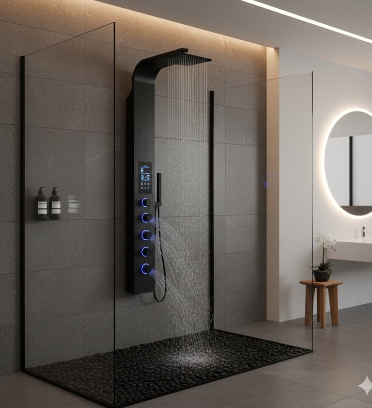 Modern matte black rainfall shower panel system with LED display in a luxury walk-in shower.