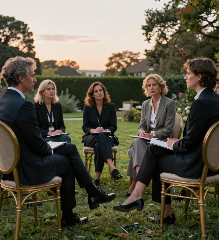 A group of elegant creative professionals in a International / Global Art Scene garden setting during sunset. They are seated in Muted Antique Gold chairs, engaged in an inspiring artistic critique. Sophisticated, professional atmosphere.